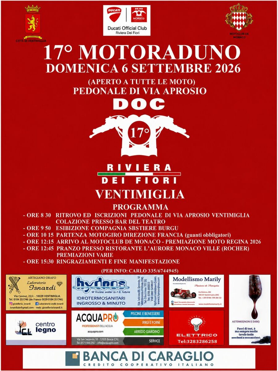 Ventimiglia, domenica 6 settembre torna il motoraduno del D.O.C. Riviera dei Fiori diretto a Montecarlo
