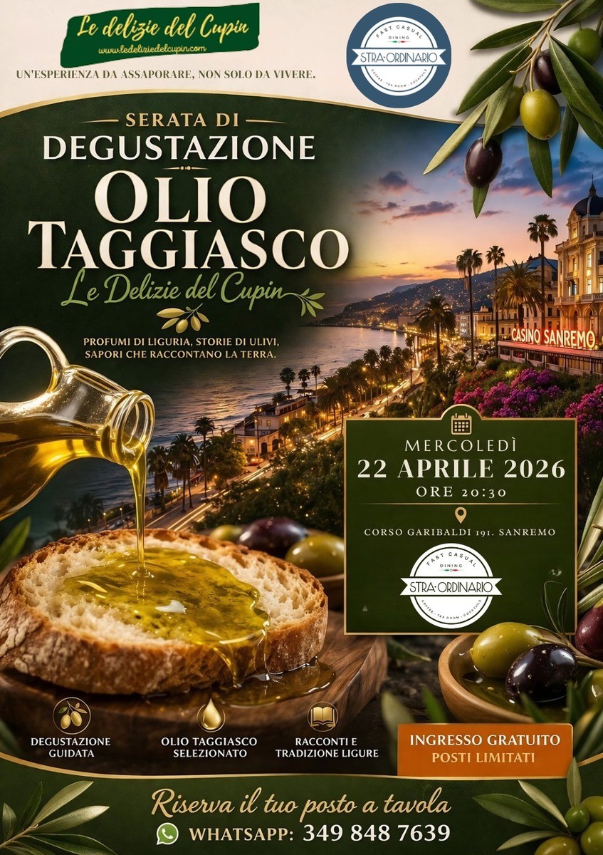 Evento e degustazione a Sanremo: una notte dedicata all’Essenza della Riviera, l’Olio EVO Taggiasco con Le Delizie del Cupin