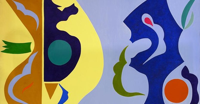 André VERDET: La Comparution (Série les Idoles), huile sur toile, 83,5 x 132 cm, 1968 – Collection Ville de Saint-Paul de Vence / Donation Verdet André VERDET: La Comparution (Série les Idoles), huile sur toile, 83,5 x 132 cm, 1968 – Collection Ville de Saint-Paul de Vence / Donation Verdet