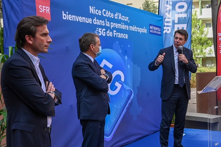 La presentazione del 5G a Nizza: Alain Weill, Grégory Rabuel con Christian Estrosi,
