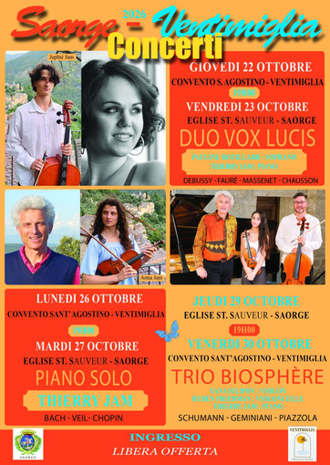 Saorge e Ventimiglia, tre concerti di musica classica dal 27 al 30 ottobre