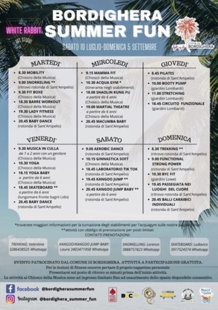 Al via da sabato 'Bordighera Summer Fun', il programma di animazione e sport per l'estate 2021 Al via da sabato 'Bordighera Summer Fun', il programma di animazione e sport per l'estate 2021