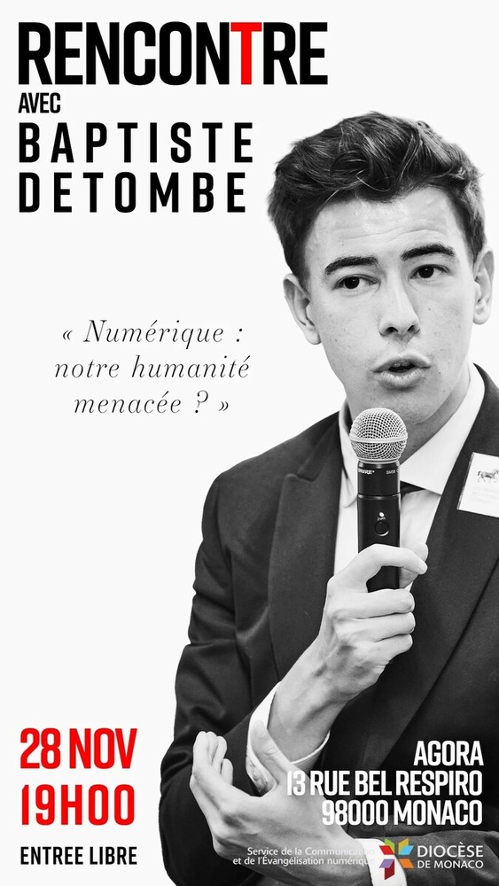 Baptiste Detombe, giovane autore francese, terrà a Monaco la conferenza «Numérique : notre humanité menacée», discutendo i pericoli e le implicazioni del mondo digitale. Baptiste Detombe, giovane autore francese, terrà a Monaco la conferenza «Numérique : notre humanité menacée», discutendo i pericoli e le implicazioni del mondo digitale.