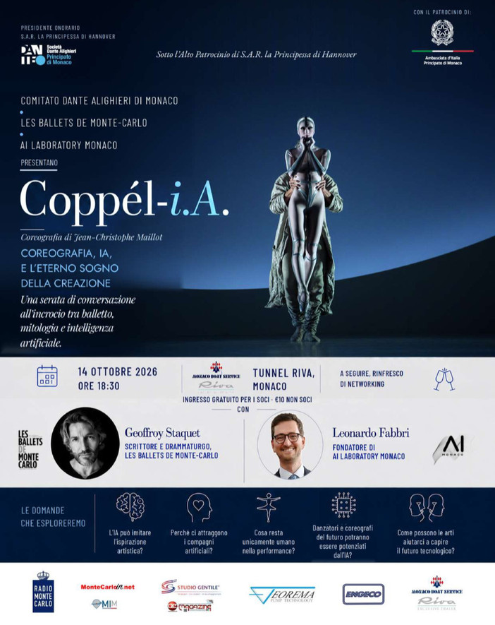 “Coppél-i.A”: Les Ballets de Monte-Carlo, AI Monaco e Comitato Dante Alighieri a confronto sull’intelligenza artificiale “Coppél-i.A”: Les Ballets de Monte-Carlo, AI Monaco e Comitato Dante Alighieri a confronto sull’intelligenza artificiale