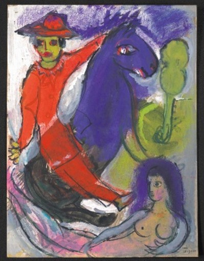 Marc Chagall, Il cavaliere messicano in rosso e il suo cavallo viola (1943). Foto: © DR / Nizza, Musée national Marc Chagall © ADAGP, Parigi, 2023.