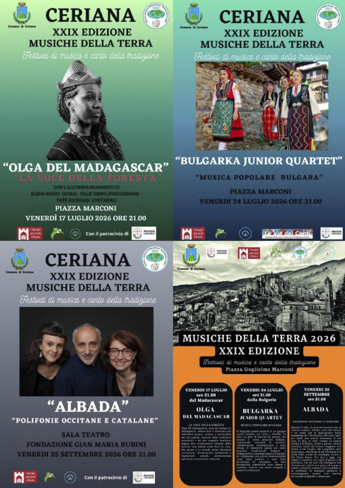 Il mondo fa tappa a Ceriana: torna il Festival "Musiche della Terra" con tre grandi concerti gratuiti Il mondo fa tappa a Ceriana: torna il Festival "Musiche della Terra" con tre grandi concerti gratuiti