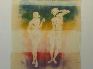 Marcel Alocco e Michel Butor , 1994 , Sfilata di alto ´repiessage’: Adamo ed Eva e detissés del manoscritto di Butor , su tessuto Marcel Alocco e Michel Butor , 1994 , Sfilata di alto ´repiessage’: Adamo ed Eva e detissés del manoscritto di Butor , su tessuto