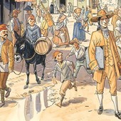 Jacques Ferrandez, Théodore parcourant la rue Rossetti, aquarelle, &quot;L'Aventure de Théodore Lascaris. Orients Perdus. Nice, Malte et l'Egypte.&quot;, 2025 ©Galerie et Editions Daniel Maghen