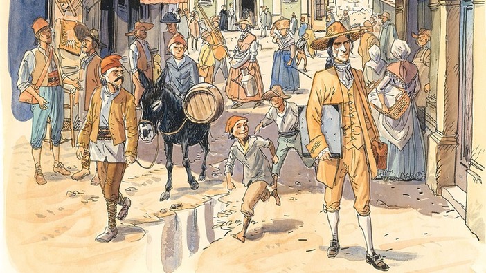 Jacques Ferrandez, Théodore parcourant la rue Rossetti, aquarelle, "L'Aventure de Théodore Lascaris. Orients Perdus. Nice, Malte et l'Egypte.", 2025 ©Galerie et Editions Daniel Maghen