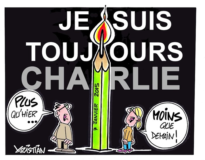 A ricordo dell'attentato contreo Charlie Hebdo, vignette di Kristian A ricordo dell'attentato contreo Charlie Hebdo, vignette di Kristian