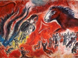 Marc Chagall, Le Cheval roux, 1967. Huile sur toile, 119 x 212 cm. Photo : © RMN – Grand Palais / Gérard Blot © ADAGP, Paris, 2023 Marc Chagall, Le Cheval roux, 1967. Huile sur toile, 119 x 212 cm. Photo : © RMN – Grand Palais / Gérard Blot © ADAGP, Paris, 2023