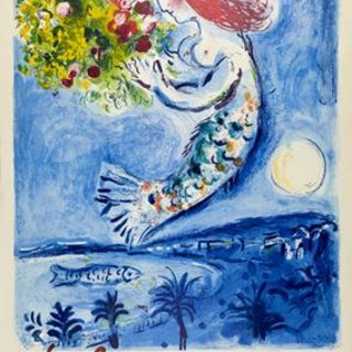 Marc Chagall La Baie des Anges (Nice, Soleil, Fleurs) 1962 Lithographie, 99 × 62 cm Nice, Bibliothèque patrimoniale Romain Gary, AFF.854 ©Ville de Nice / photo : Laurent Thareau