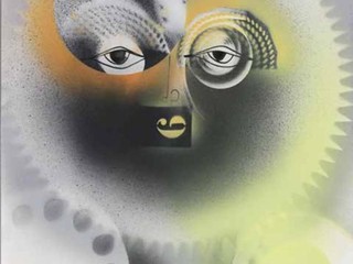 Mécaportrait, pochoirs d’objets de récupération, aérographe sur papier, h. 65 x l. 50 cm, Gilbert Valentin, 1973, collection privée. ©Emmanuel Valentin, archives Valentin
