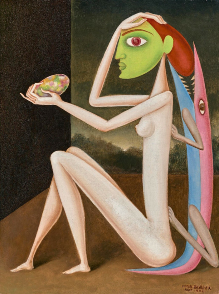 Victor Brauner, Pasto della sonnambula, 1942. Olio su tela, 61 × 46 cm. Collezione privata, Monaco. © Sacem Monaco 2026. Victor Brauner, Pasto della sonnambula, 1942. Olio su tela, 61 × 46 cm. Collezione privata, Monaco. © Sacem Monaco 2026.