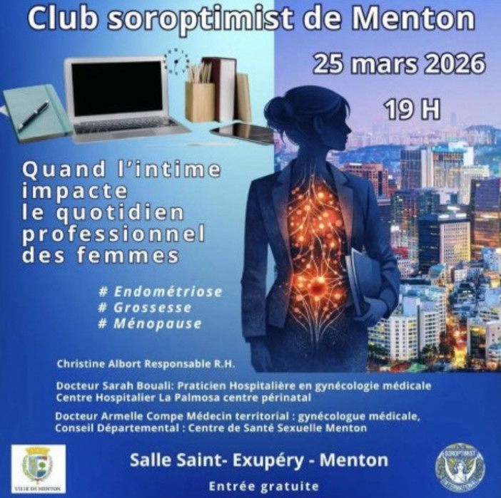 Conferenza “Endometriosi, gravidanza, menopausa: quando l’intimo impatta il quotidiano professionale delle donne”: mercoledì 25 marzo 2026, ore 19:00, la Salle Saint-Exupéry  di Mentone.