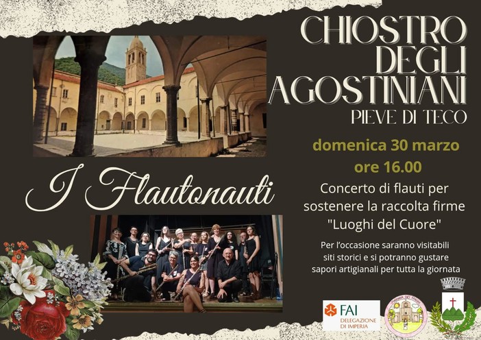 Pieve di Teco: al Chiostro degli Agostiniani concerto di flauti per sostenere la raccolta firma Fai “I luoghi cuore” Pieve di Teco: al Chiostro degli Agostiniani concerto di flauti per sostenere la raccolta firma Fai “I luoghi cuore”
