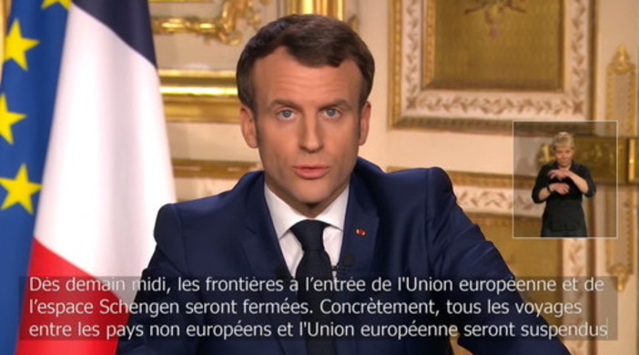 Coronavirus: Macron &quot;Siamo in una guerra sanitaria, per 15 giorni non uscite da casa&quot;, da domani alle 12 chiuso l'ingresso in Europa e sospeso Schengen