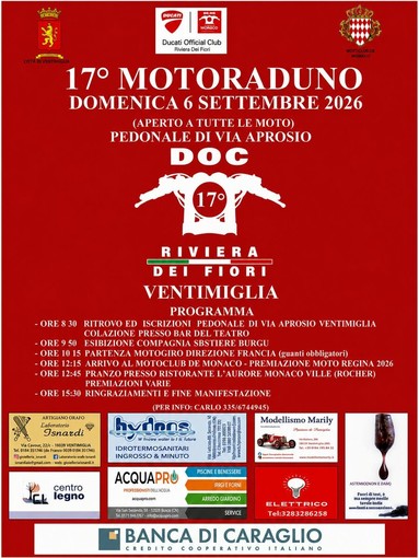 Ventimiglia, domenica 6 settembre torna il motoraduno del D.O.C. Riviera dei Fiori diretto a Montecarlo Ventimiglia, domenica 6 settembre torna il motoraduno del D.O.C. Riviera dei Fiori diretto a Montecarlo