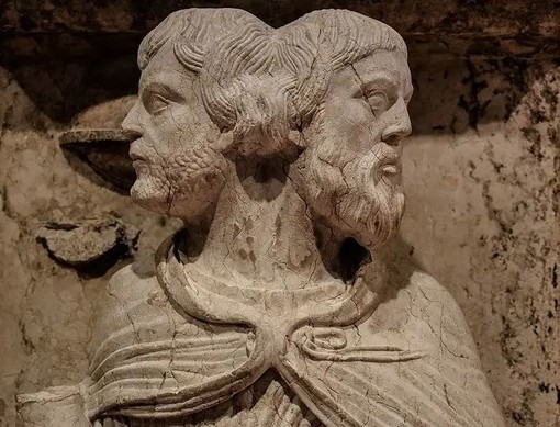 Una scultura del Dio romano Giano Una scultura del Dio romano Giano