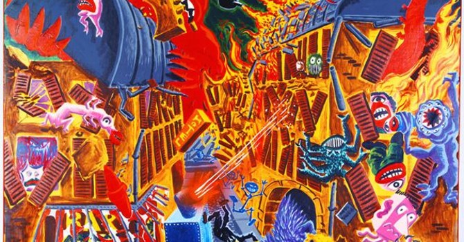 Hervé di Rosa, L’attaque de la rue du Malheur, 1984 Acrylique sur toile 189 x 202 cm © Adagp Paris 2026 Hervé di Rosa, L’attaque de la rue du Malheur, 1984 Acrylique sur toile 189 x 202 cm © Adagp Paris 2026