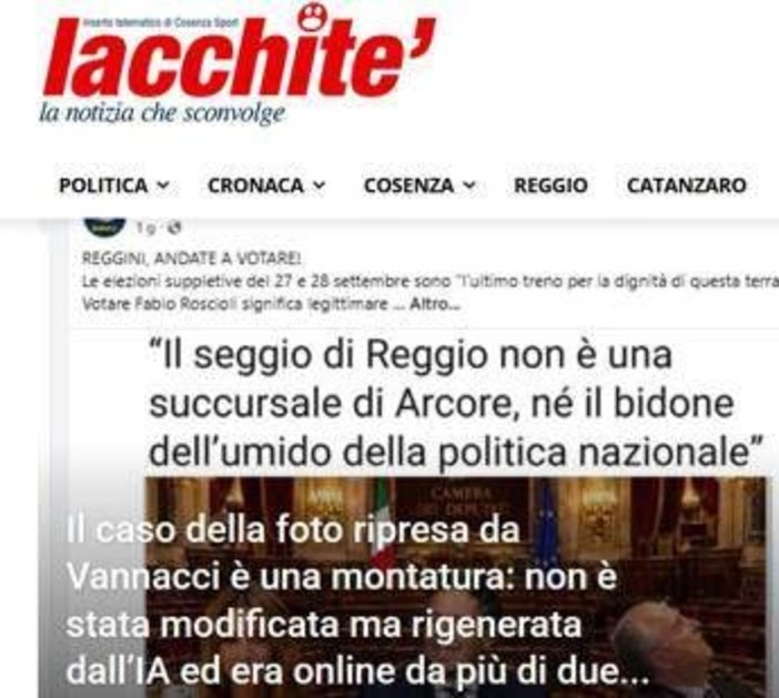 Siracusano-Vannacci, il blog Iacchite' chiarisce: "La foto IA non è stata realizzata da noi"