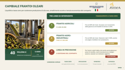 Agricoltura, Ismea: 40 mln per frantoi con 'Cambiale Frantoi Oleari' Agricoltura, Ismea: 40 mln per frantoi con 'Cambiale Frantoi Oleari'